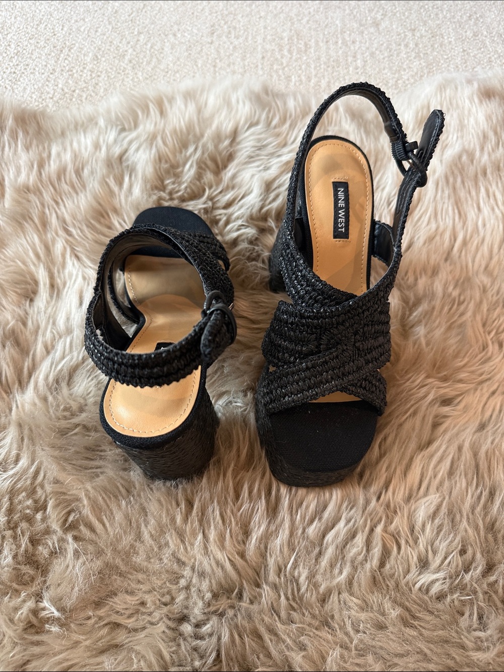 Nine West Black Woven Platform Sandals with Ankle Strap